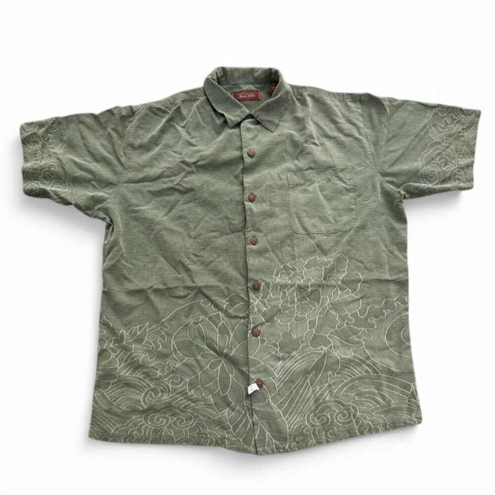 Tasso Elba Silk Green Floral Pattern Hawaiian Polo Button-Up Men's M